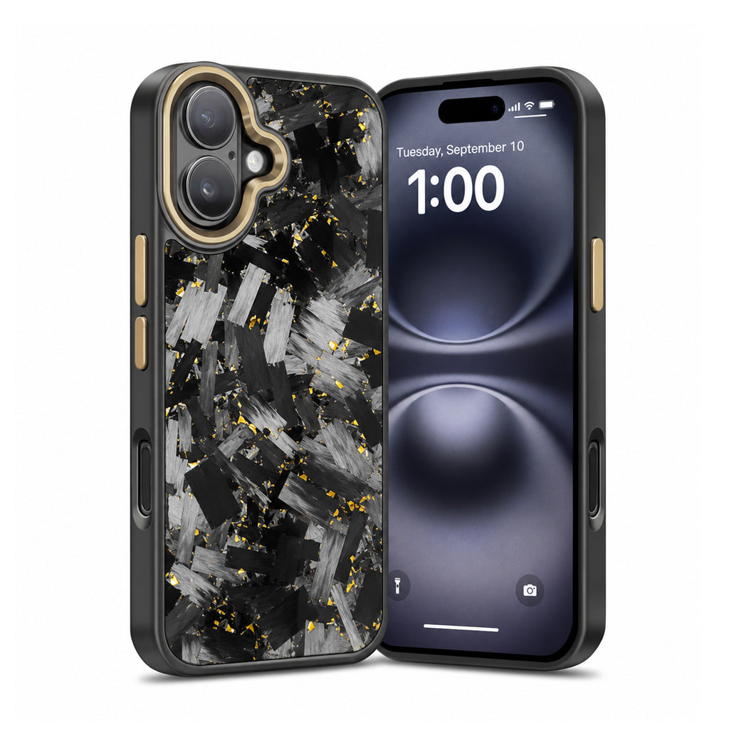 Coarse Forged Carbon Fiber Case For iPhone 16 Series– Gold Flakes